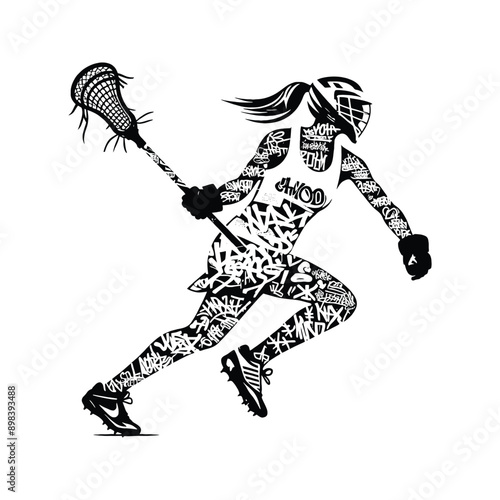 Lacrosse  female player in graffiti tags, street art pattern illustration, emblem shield badge