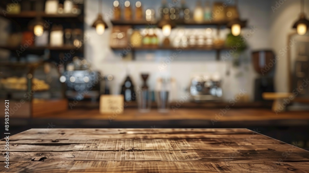 Blurred coffee shop background with wooden table for product display Blurred coffee shop background with wooden table for product display