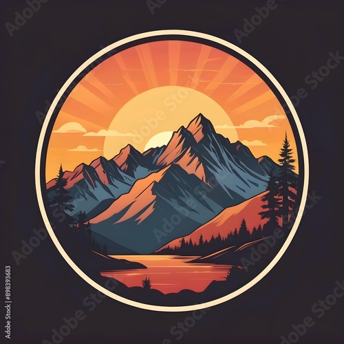 Sunset above mountains peak silhouette. Vintage styled mountain logo or sticker or poster template. Vector illustration photo