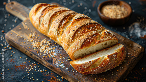 Obraz na płótnie Freshly baked artisan bread loaf on a wooden cutting board. w salonie