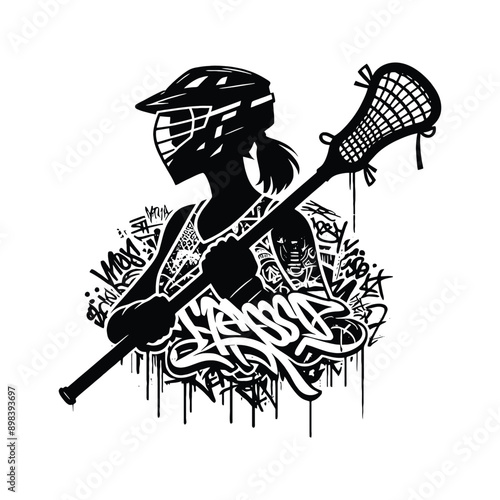 Lacrosse  female player in graffiti tags, street art pattern illustration, emblem shield badge