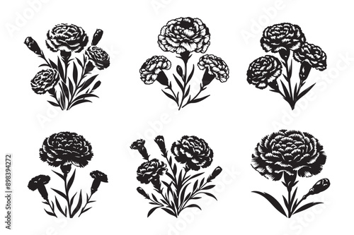 line art of a carnation flowers set silhouette pattern - Generative AI