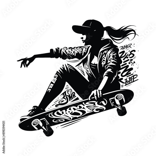 Skateboarding, longboarding  female player in graffiti tags, street art pattern illustration, emblem shield badge