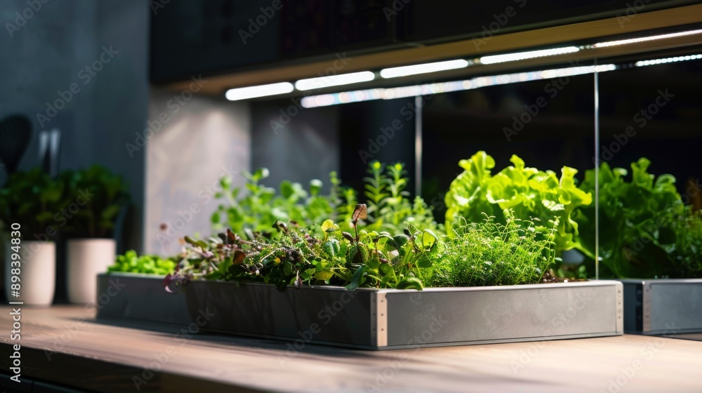 A close-up shot of a kitchen herb garden growing in a planter under LED lights. The garden features various herbs and leafy greens, including lettuce, basil, and mint. A close-up shot of a kitchen herb garden growing in a planter under LED lights. The garden features various herbs and leafy greens, including lettuce, basil, and mint.