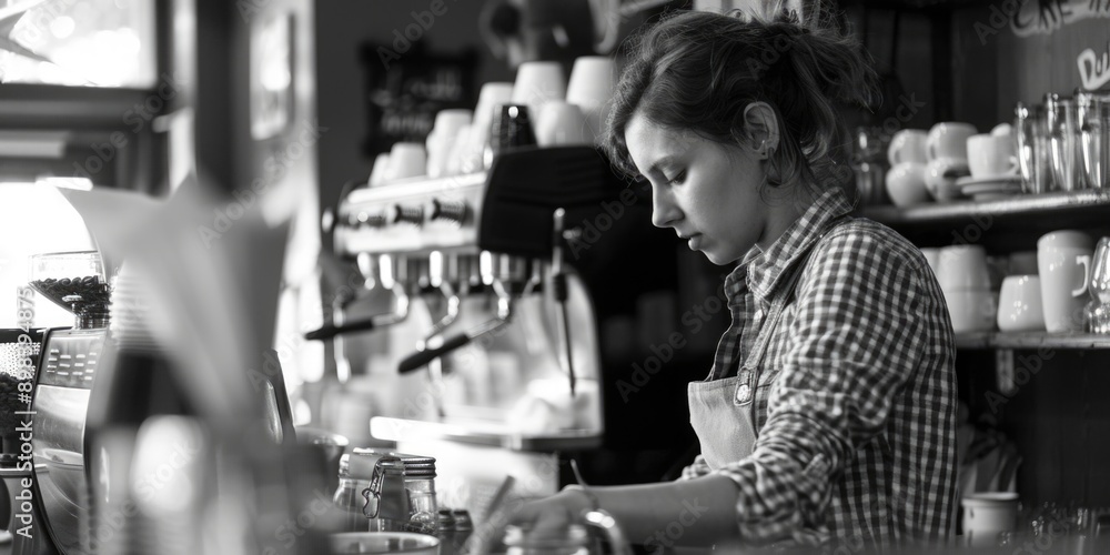 A woman brewing coffee in a cafe. A woman brewing coffee in a cafe.