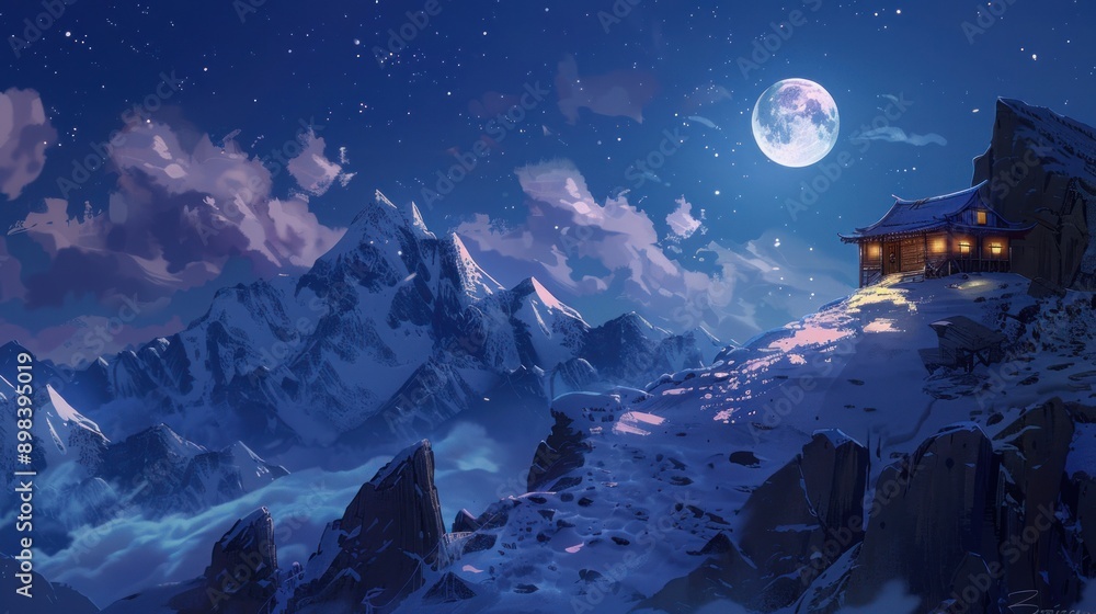 Obraz premium A Cabin in the Mountains Under a Full Moon