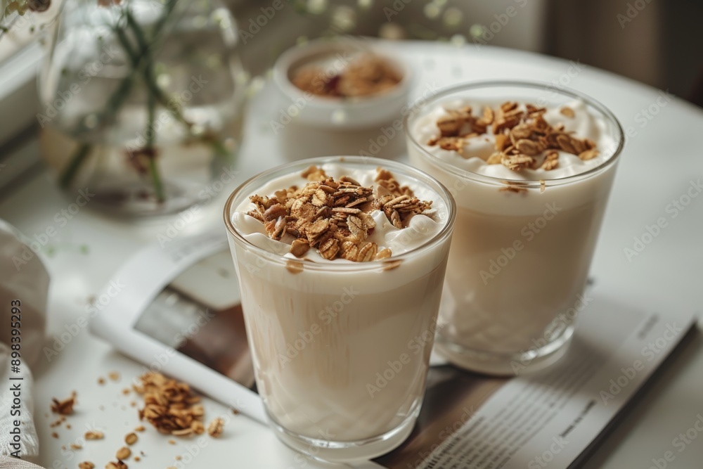 Two glasses of creamy yogurt parfait topped with crunchy granola, placed on a white table next to a window, creating a cozy and inviting breakfast scene. Two glasses of creamy yogurt parfait topped with crunchy granola, placed on a white table next to a window, creating a cozy and inviting breakfast scene.