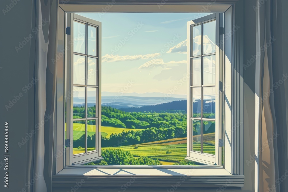 A serene view of the countryside from a cozy home window on a sunny day. A serene view of the countryside from a cozy home window on a sunny day.