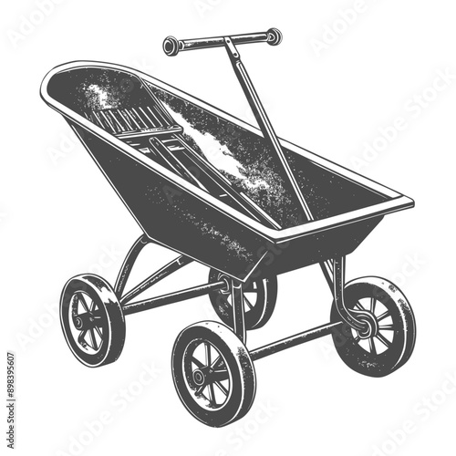 Hand drawn illustration of a garden wheelbarrow with a rake