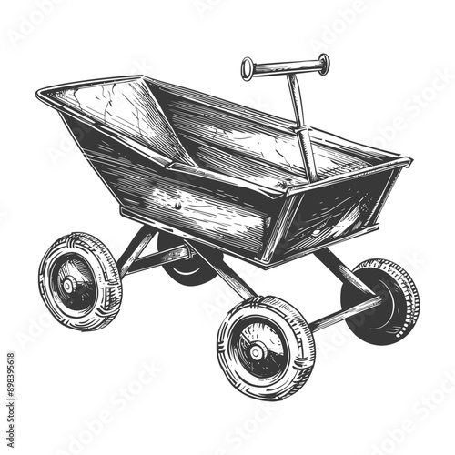 Hand drawn illustration of a wooden wheelbarrow with four wheels