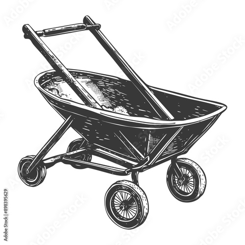 Hand drawn illustration of a vintage wheelbarrow with three wheels