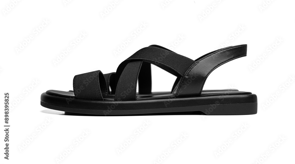 Women's black leather sandals isolated on white background.
