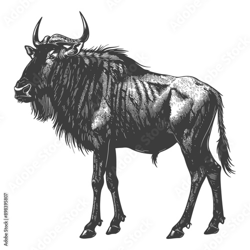 Engraving of a Wildebeest Standing with a Shaggy Coat