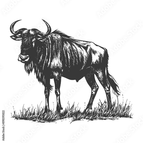 Black and white illustration of a wildebeest in grass