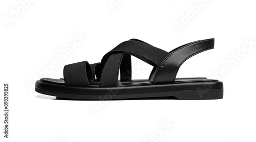 Obraz na płótnie Women's black leather sandals isolated on white background. w salonie