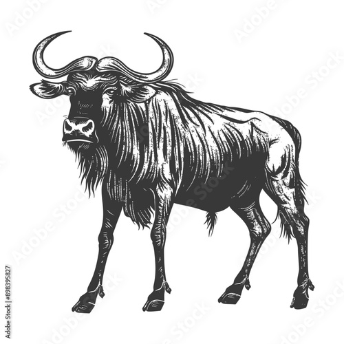Hand drawn Illustration of a Wildebeest with Curved Horns