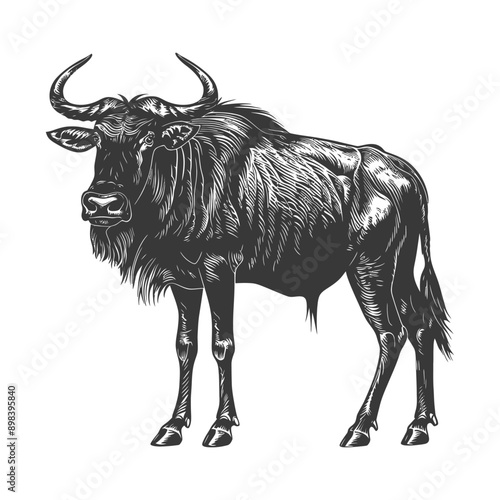 Black and White Hand Drawn Illustration of a Wildebeest