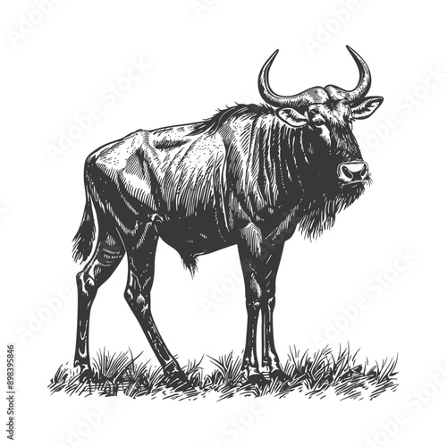 Black and White Illustration of a Wildebeest Standing in Grass