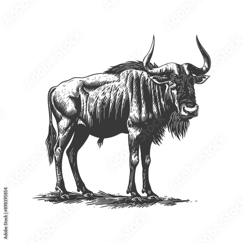 A Black and White Hand Drawn Illustration of a Wildebeest