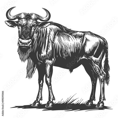 Black and White Illustration of a Wildebeest Standing on Grass
