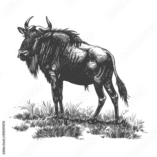 Black and White Illustration of a Wildebeest in Grass