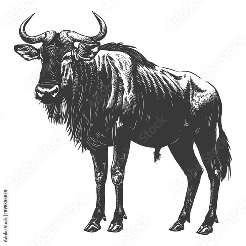 Black and White Illustration of a Wildebeest Standing