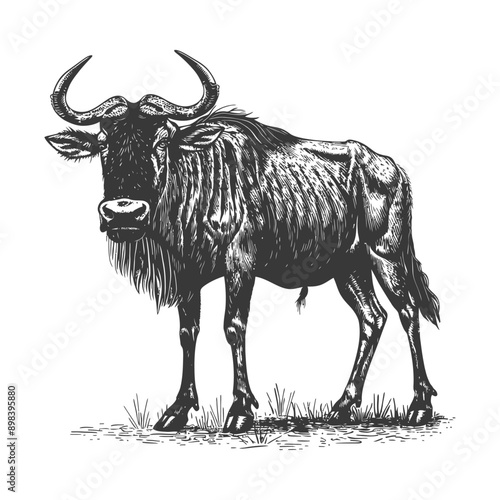 Black and White Illustration of a Wildebeest Standing in Grass