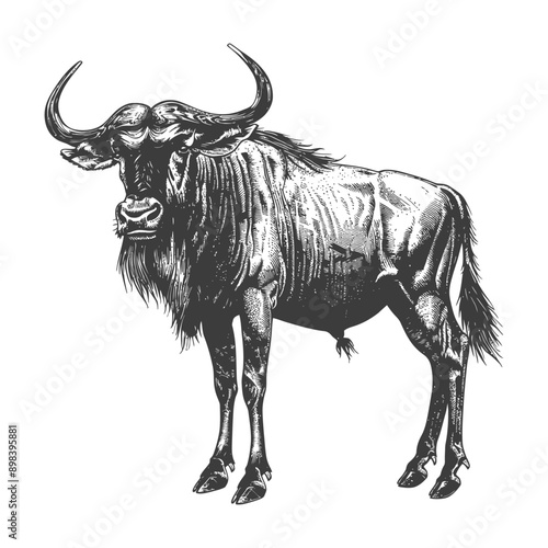 Hand Drawn Illustration of a Wildebeest Standing on White Background