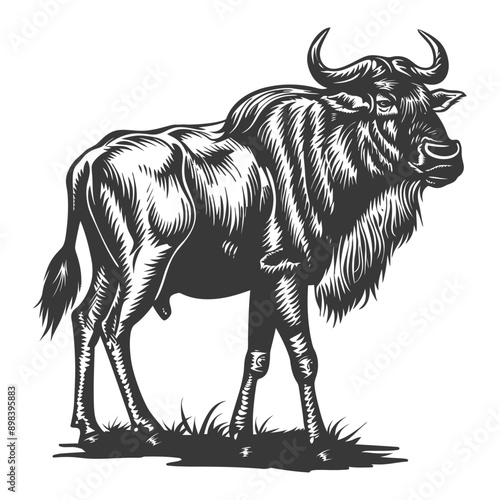 Black and White Illustration of a Wildebeest Standing in Grass