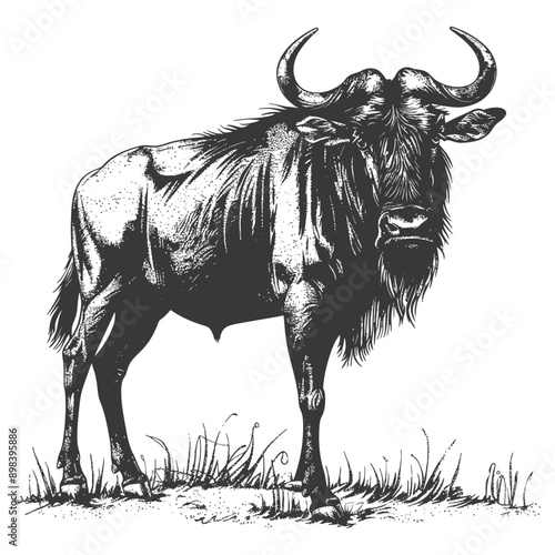 Black and White Illustration of a Wildebeest Standing in Grass