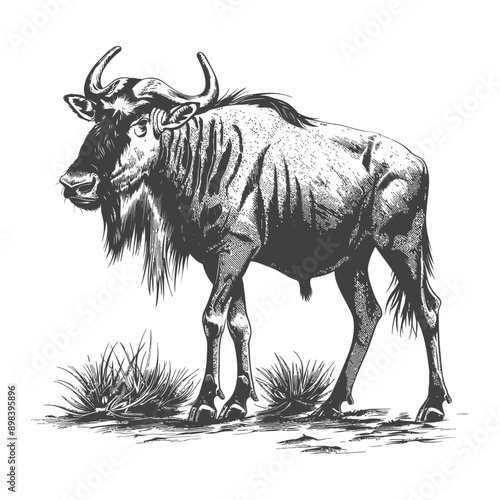 Black and White Illustration of a Wildebeest Standing in Grass