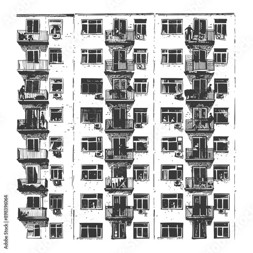 A black and white illustration of an apartment building with balconies