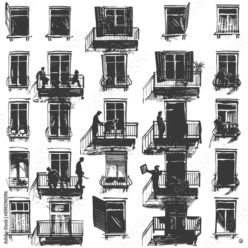 Black and White Illustration of Windows and Balconies with People Silhouettes