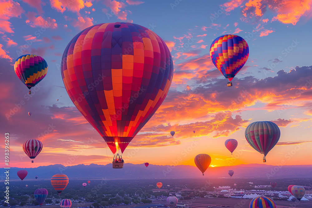Fototapeta premium Vivid hues of hot air balloons punctuate the dawn sky at the Albuquerque International Balloon Fiesta creating a breathtaking spectacle against a gradient background