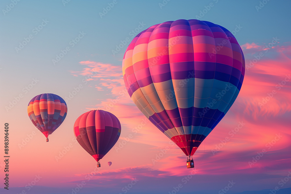 Naklejka premium Vivid hues of hot air balloons punctuate the dawn sky at the Albuquerque International Balloon Fiesta creating a breathtaking spectacle against a gradient background
