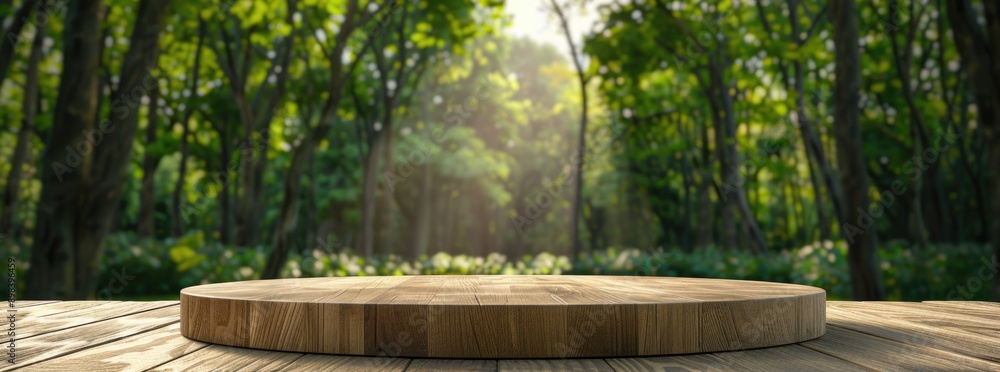 Empty wooden round podium in a tropical forest with a blurred background Empty wooden round podium in a tropical forest with a blurred background