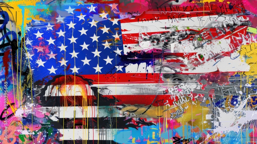 Naklejka premium Colorful abstract image featuring the american flag being transformed into graffiti art, celebrating freedom of expression and challenging traditional symbols