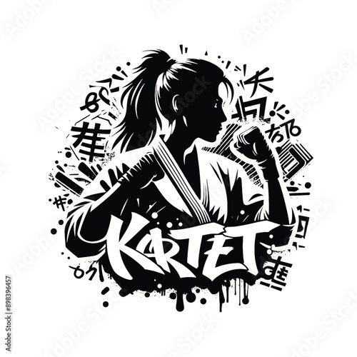 Judo , martial art ,  Karate , Taekwondo  female player in graffiti tags, street art pattern illustration, emblem shield badge