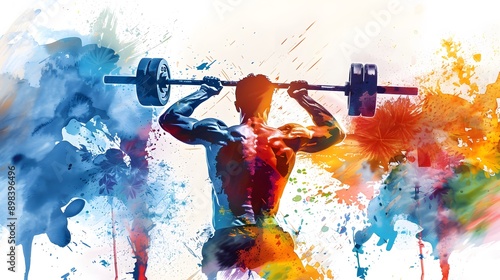 artistic watercolor illustration features a bodybuilder lifting a barbell, with vibrant splashes of paint on a white background, highlighting the power and intensity of the moment