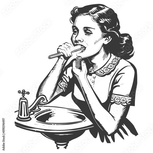 A Woman Brushing Her Teeth in Front of a Sink