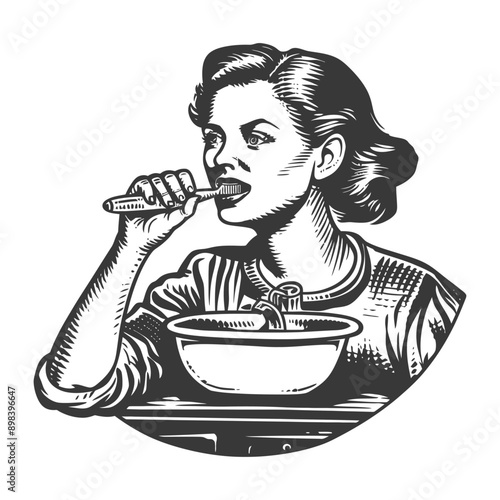 Woman Brushing Her Teeth in a Vintage Style Illustration