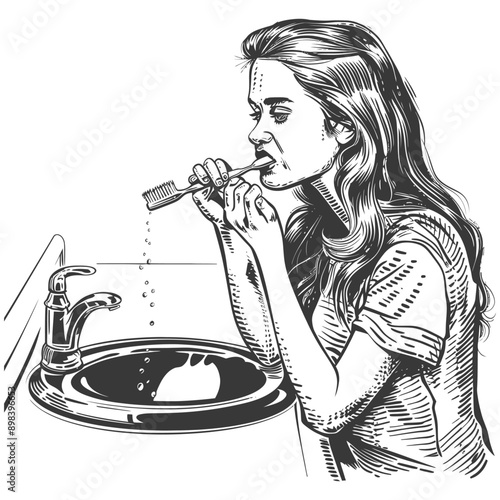 Woman Brushing Teeth in Bathroom Sink