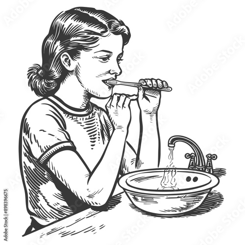 Woman Brushing Teeth in Bathroom with Running Water