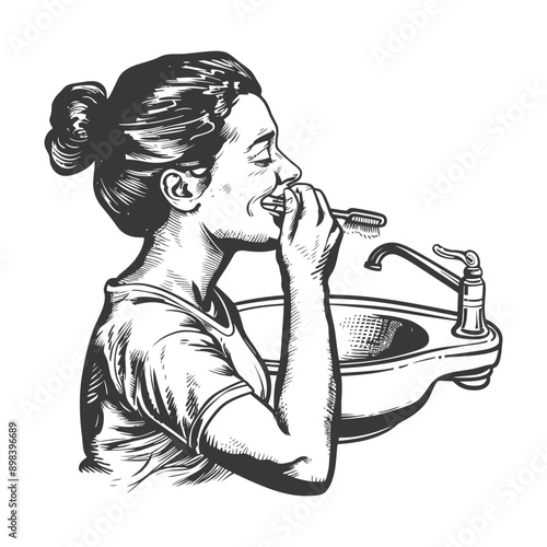 Woman Brushing Her Teeth at the Sink