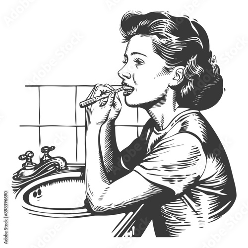 Woman brushing her teeth in the bathroom