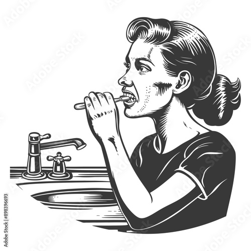 Vintage Illustration of a Woman Brushing Her Teeth in the Bathroom