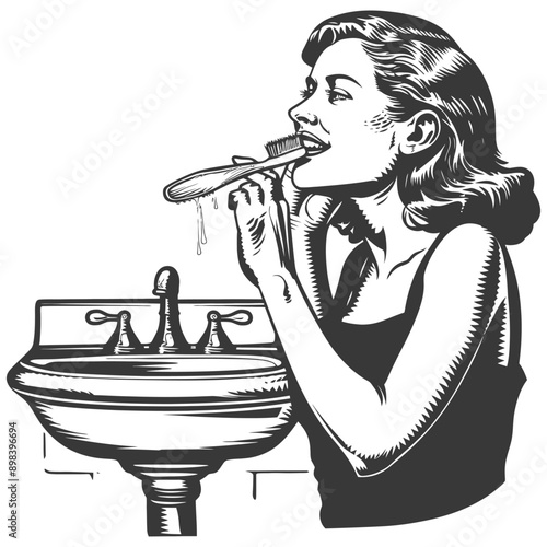 Retro Woman Brushing Teeth in Bathroom Sink