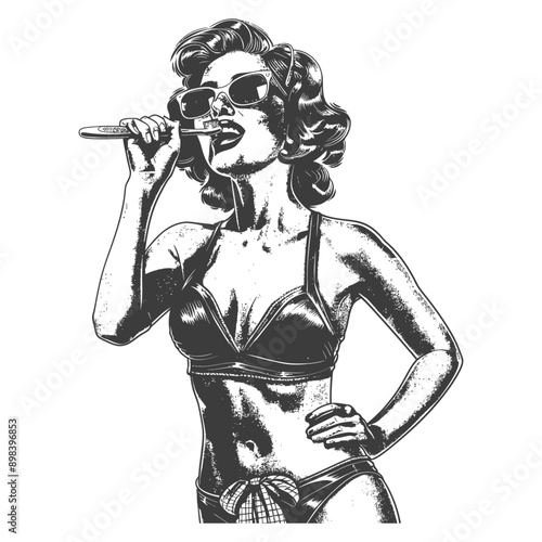 Retro Woman in Swimsuit Holding a Microphone