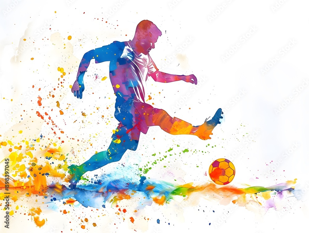 vibrant watercolor illustration of a soccer player dribbling the ball, with splashes of bright colors creating a dynamic and energetic scene on a white background. vibrant watercolor illustration of a soccer player dribbling the ball, with splashes of bright colors creating a dynamic and energetic scene on a white background.