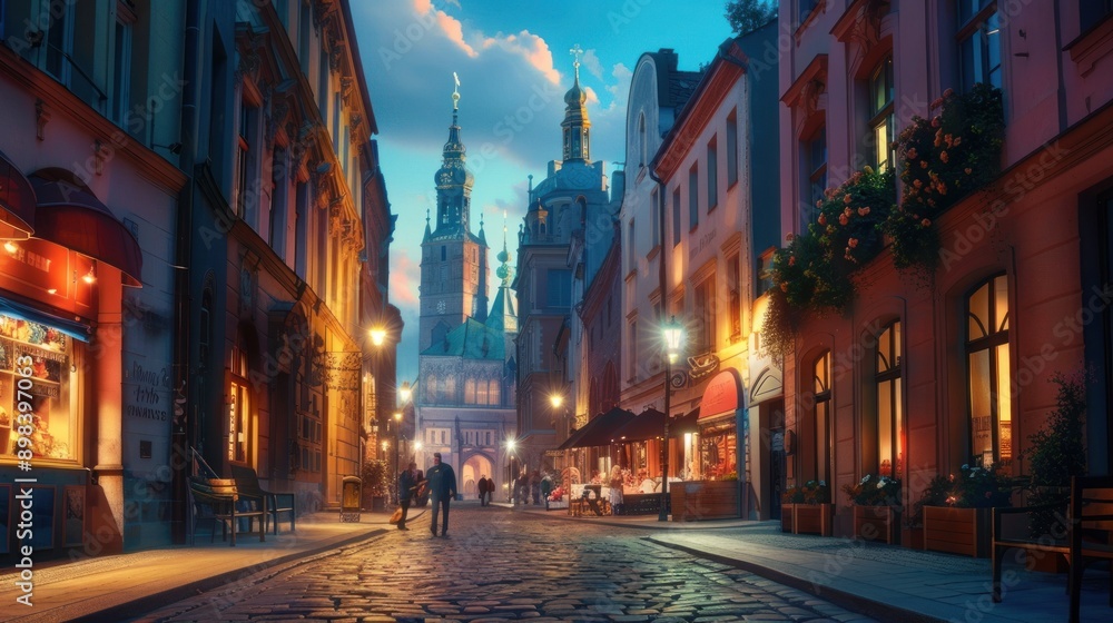 Fototapeta premium Evening Stroll Through a Cobblestone Street